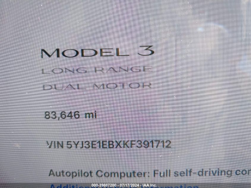 2019 Tesla Model 3 VIN: 5YJ3E1EBXKF391712 Lot: 39887200