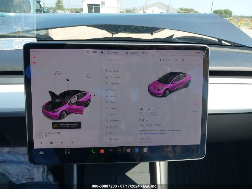 2019 Tesla Model 3 VIN: 5YJ3E1EBXKF391712 Lot: 39887200