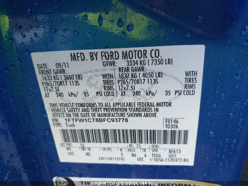 2011 Ford F150 Supercrew VIN: 1FTFW1CT8BFC93778 Lot: 39887233