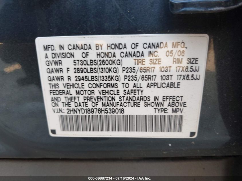 2006 Acura Mdx VIN: 2HNYD18976H539018 Lot: 39887234