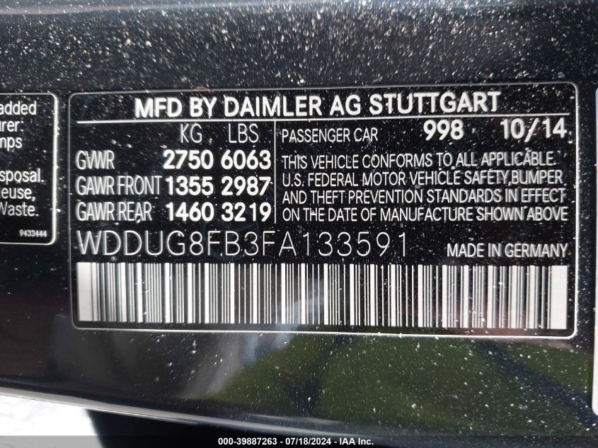 2015 Mercedes-Benz S 550 4Matic VIN: WDDUG8FB3FA133591 Lot: 39887263