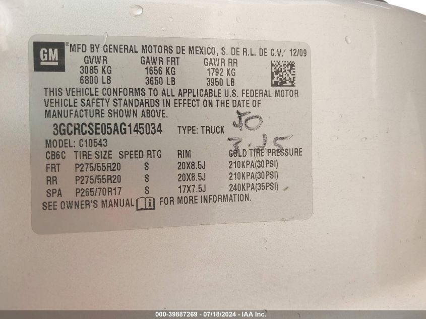 2010 Chevrolet Silverado 1500 C1500 Lt VIN: 3GCRCSE05AG145034 Lot: 39887269