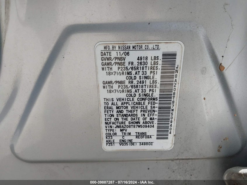 2007 Nissan Murano Sl VIN: JN8AZ08T87W509404 Lot: 39887287