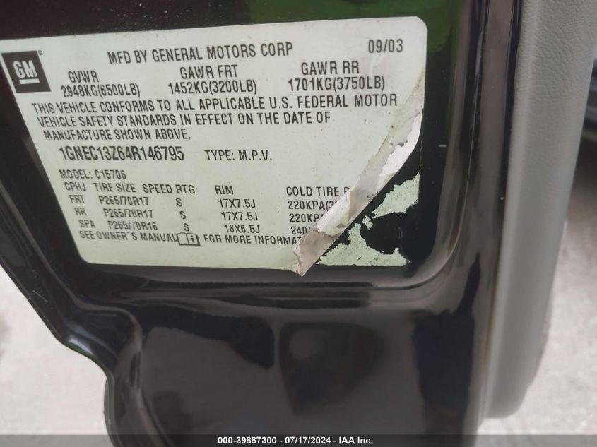 2004 Chevrolet Tahoe Ls VIN: 1GNEC13Z64R146795 Lot: 39887300