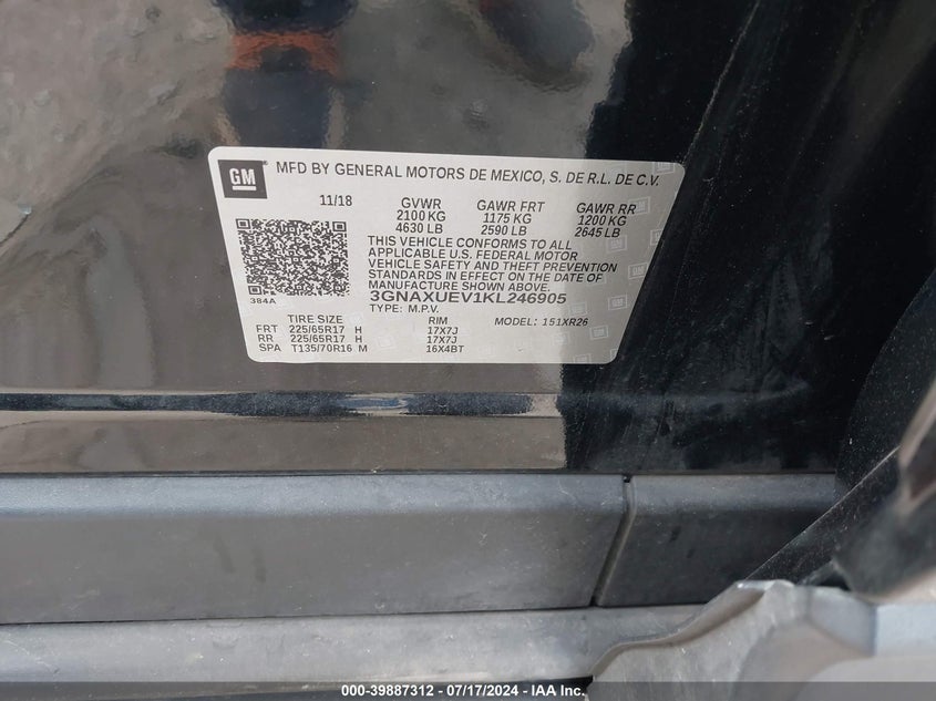 2019 CHEVROLET EQUINOX VIN: 3GNAXUEV1KL246905