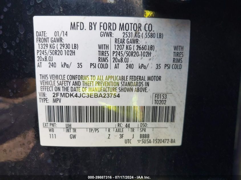 2014 Ford Edge Sel VIN: 2FMDK4JC3EBA23754 Lot: 39887316