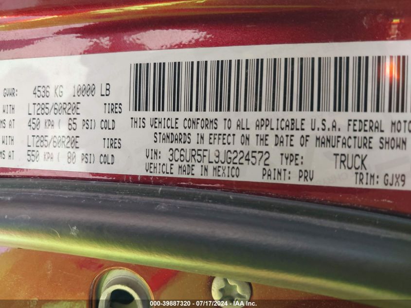 2018 Ram 2500 Laramie 4X4 6'4 Box VIN: 3C6UR5FL9JG224572 Lot: 39887320