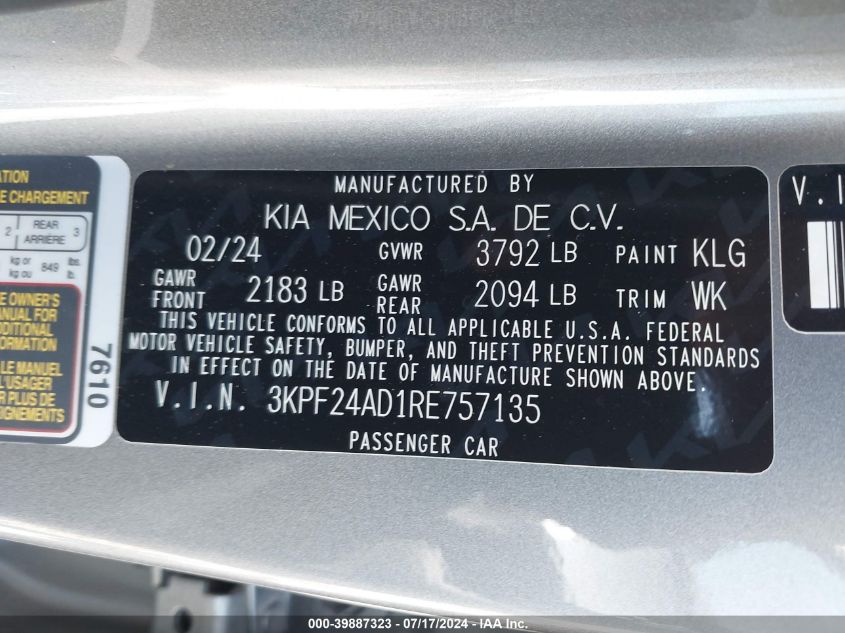 2024 Kia Forte Lxs VIN: 3KPF24AD1RE757135 Lot: 39887323