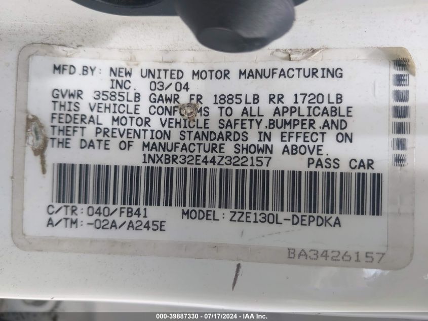 2004 Toyota Corolla Ce VIN: 1NXBR32E44Z322157 Lot: 39887330