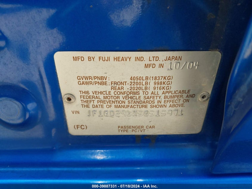 2005 Subaru Impreza Sedan (Natl) Wrx VIN: JF1GD296X5G515971 Lot: 39887331