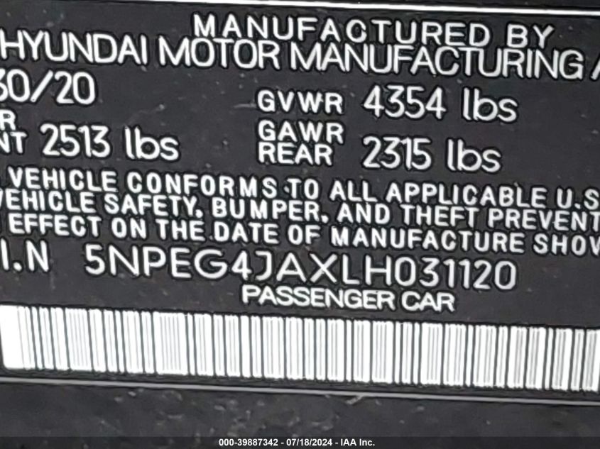 2020 Hyundai Sonata Se VIN: 5NPEG4JAXLH031120 Lot: 39887342