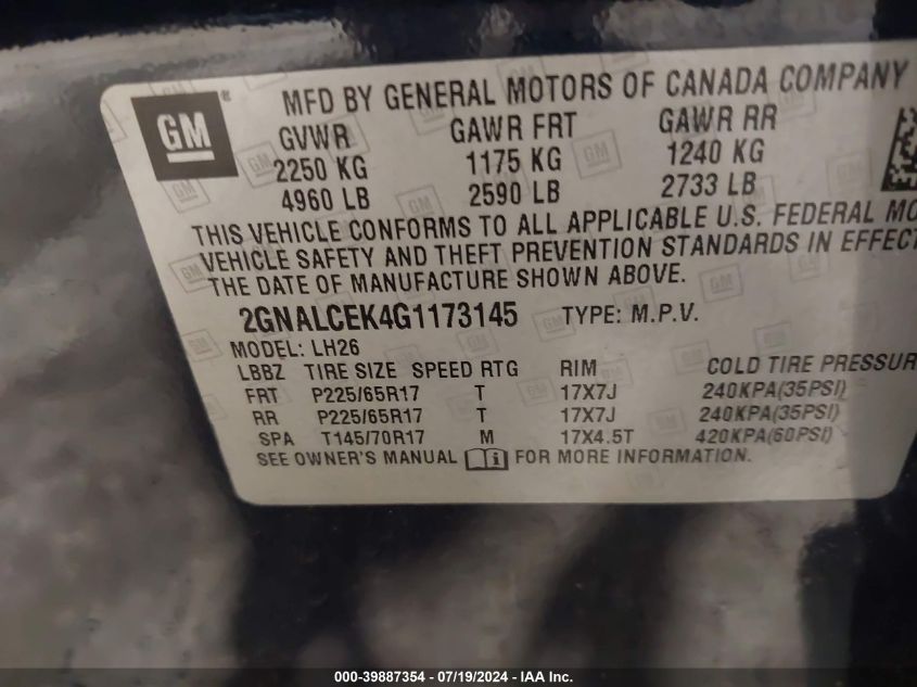 2016 CHEVROLET EQUINOX LT - 2GNALCEK4G1173145