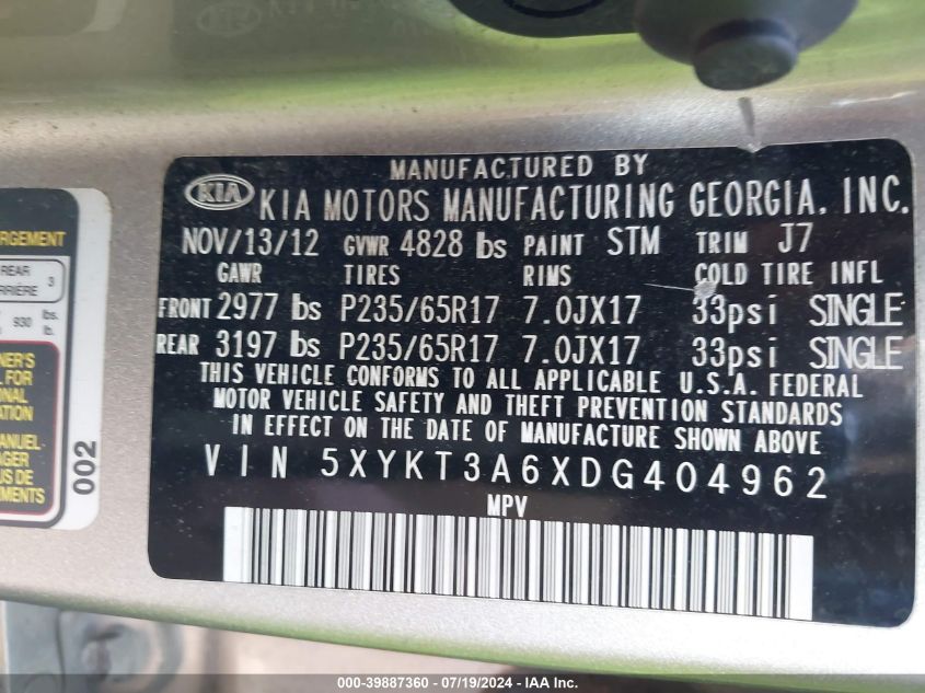 5XYKT3A6XDG404962 2013 Kia Sorento Lx