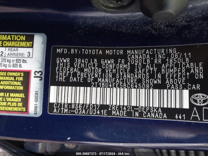 2011 Toyota Corolla S VIN: 2T1BU4EE5BC645082 Lot: 39887373