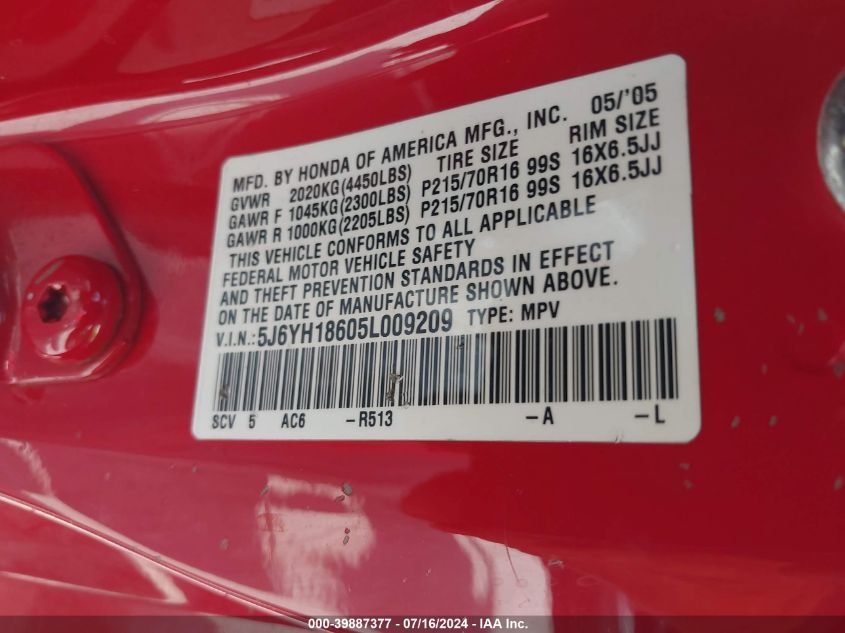 2005 Honda Element Ex VIN: 5J6YH18605L009209 Lot: 39887377