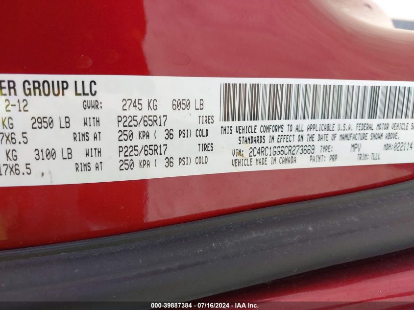 2012 Chrysler Town & Country Limited VIN: 2C4RC1GG6CR273669 Lot: 39887384