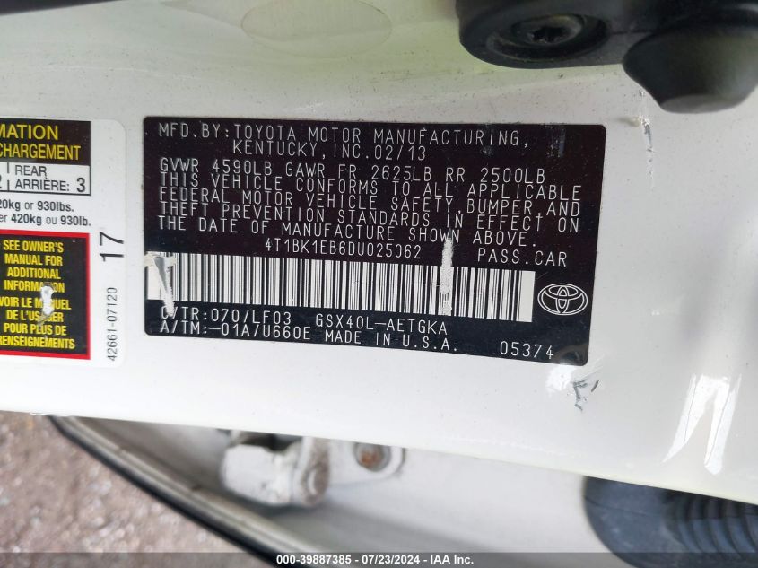 2013 Toyota Avalon Premium/Touring/Limited VIN: 4T1BK1EB6DU025062 Lot: 39887385