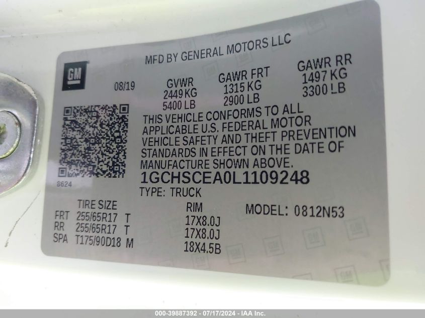 2020 Chevrolet Colorado 2Wd Long Box Lt VIN: 1GCHSCEA0L1109248 Lot: 39887392