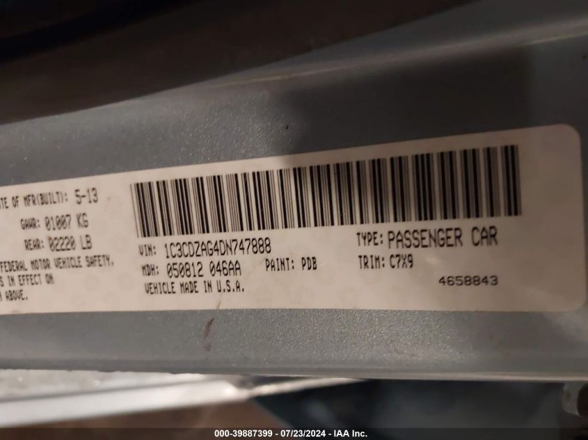 2013 Dodge Avenger Se V6 VIN: 1C3CDZAG4DN747888 Lot: 39887399
