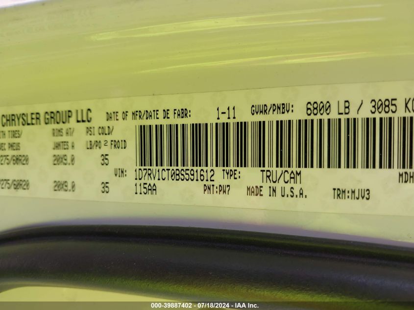 2011 Ram Ram 1500 Slt VIN: 1D7RV1CT0BS591612 Lot: 39887402