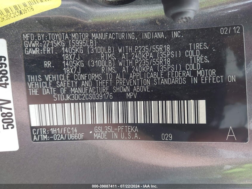 2012 Toyota Sienna Le 7 Passenger VIN: 5TDJK3DC2CS039176 Lot: 39887411