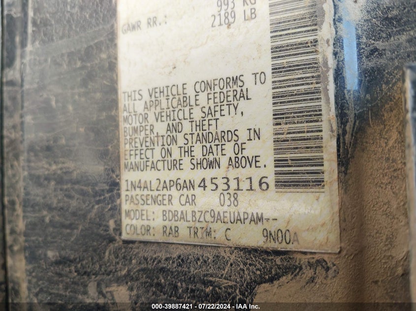 2010 Nissan Altima 2.5 S VIN: 1N4AL2AP6AN453116 Lot: 39887421