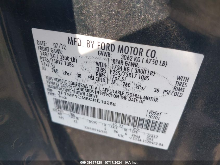 2012 Ford F150 VIN: 1FTMF1CM6CKE16258 Lot: 39887428