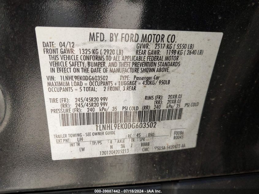 2013 Lincoln Mks VIN: 1LNHL9EK0DG603502 Lot: 39887442