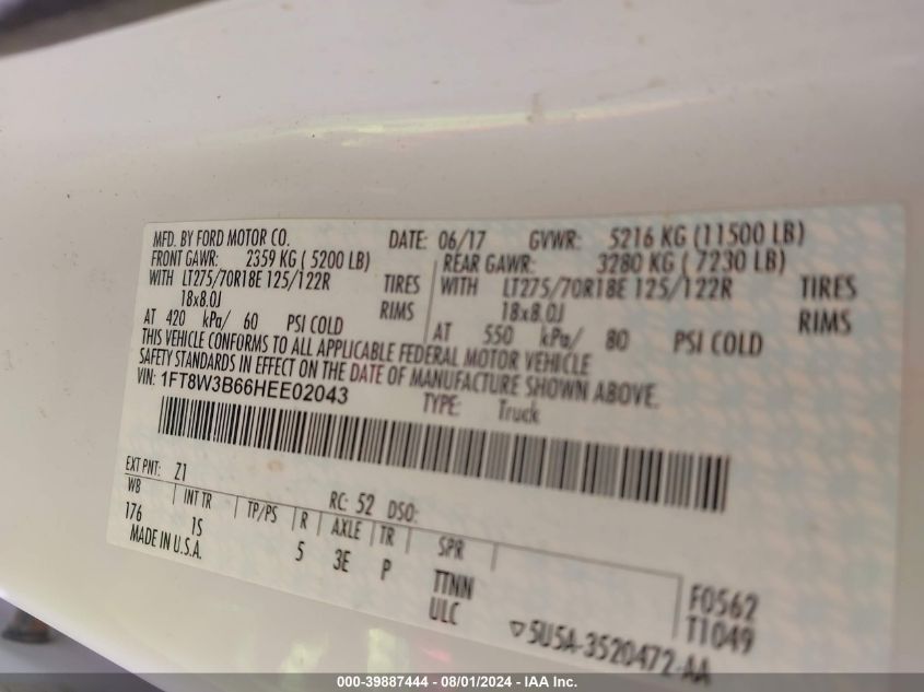 2017 Ford F350 Super Duty VIN: 1FT8W3B66HEE02043 Lot: 39887444
