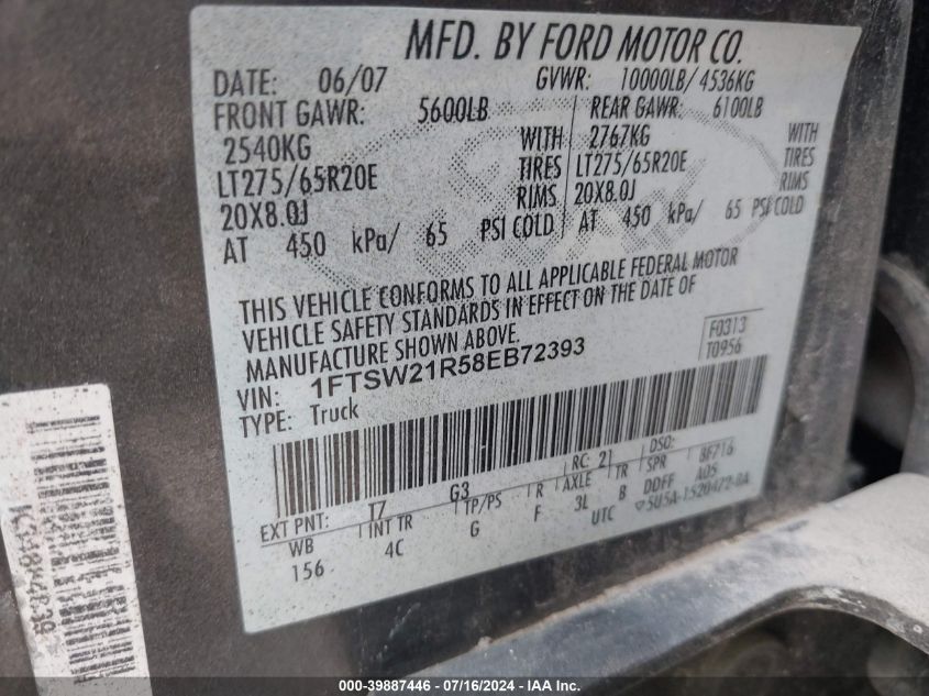 2008 Ford F-250 Fx4/Harley-Davidson/King Ranch/Lariat/Xl/Xlt VIN: 1FTSW21R58EB72393 Lot: 39887446