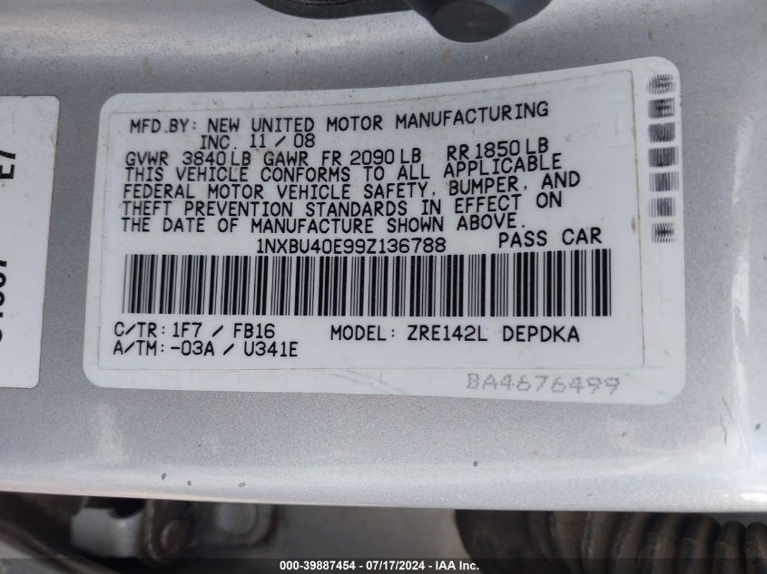 2009 Toyota Corolla Le VIN: 1NXBU40E99Z136788 Lot: 39887454