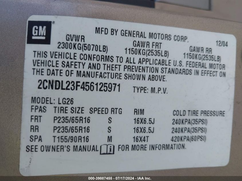 2005 Chevrolet Equinox Ls VIN: 2CNDL23F456125971 Lot: 39887455