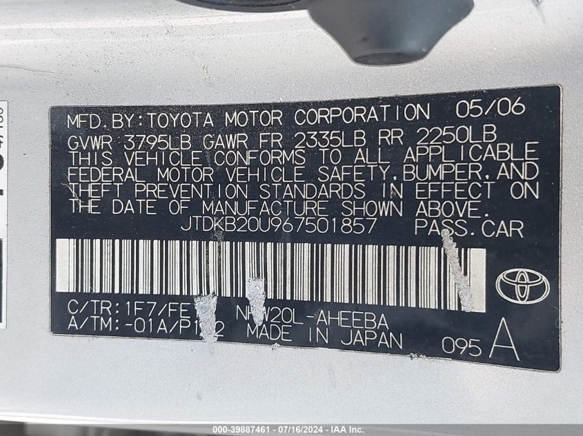 2006 Toyota Prius VIN: JTDKB20U967501857 Lot: 39887461