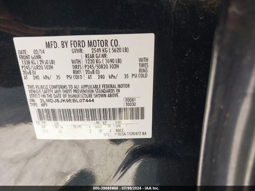 2014 Lincoln Mkx VIN: 2LMDJ8JK9EBL07444 Lot: 39887468