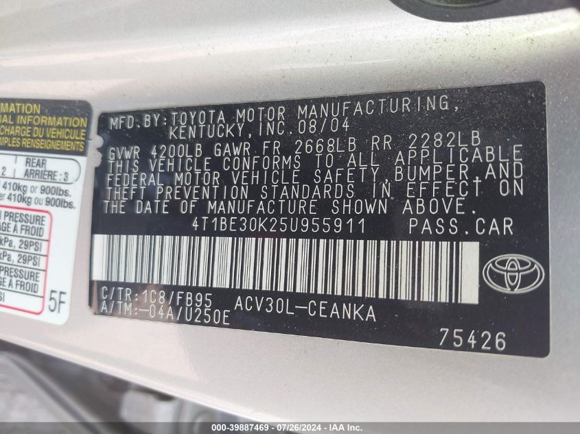 2005 Toyota Camry Le VIN: 4T1BE30K25U955911 Lot: 39887469