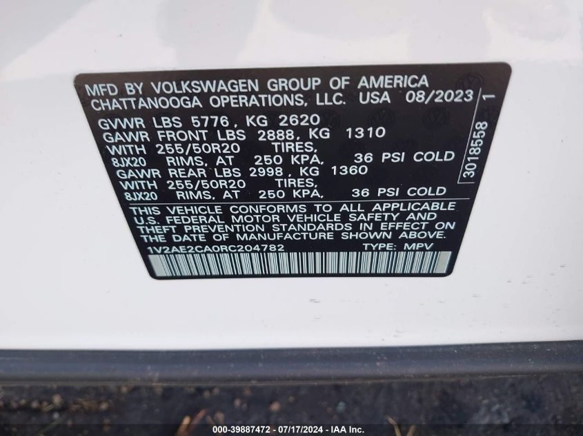 2024 Volkswagen Atlas Cross Sport 2.0T Sel R-Line VIN: 1V2AE2CA0RC204782 Lot: 39887472