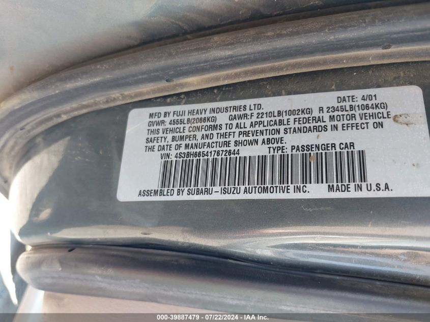 2001 Subaru Outback VIN: 4S3BH665417672644 Lot: 39887479