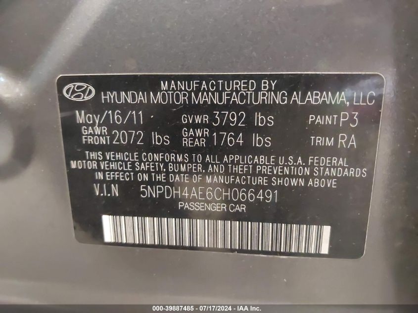 2012 Hyundai Elantra Gls Pzev VIN: 5NPDH4AE6CH066491 Lot: 39887485