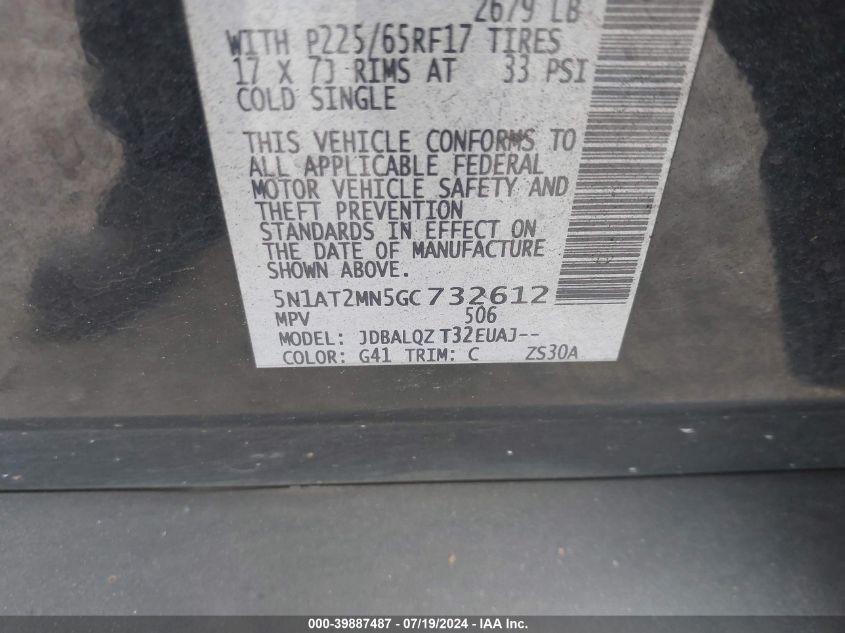 2016 Nissan Rogue S/Sl/Sv VIN: 5N1AT2MN5GC732612 Lot: 39887487