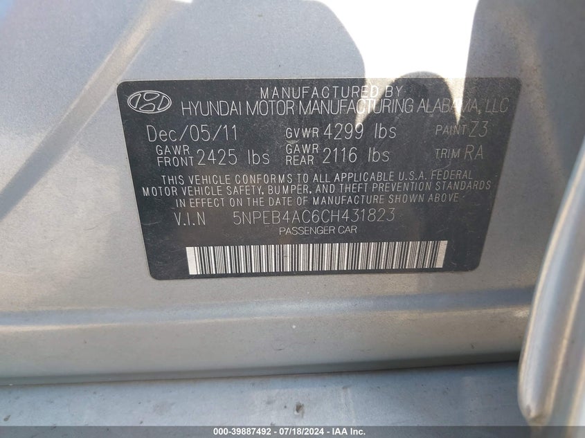 2012 Hyundai Sonata Gls VIN: 5NPEB4AC6CH431823 Lot: 39887492