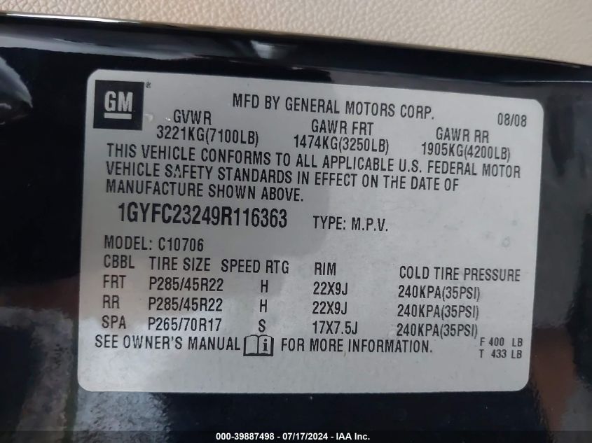 1GYFC23249R116363 2009 Cadillac Escalade Standard