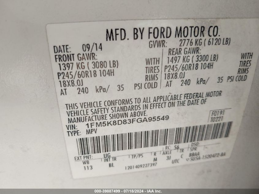 2015 Ford Explorer Xlt VIN: 1FM5K8D83FGA95549 Lot: 39887499