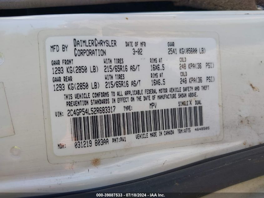 2002 Chrysler Town & Country Lxi VIN: 2C4GP54L52R683317 Lot: 39887533