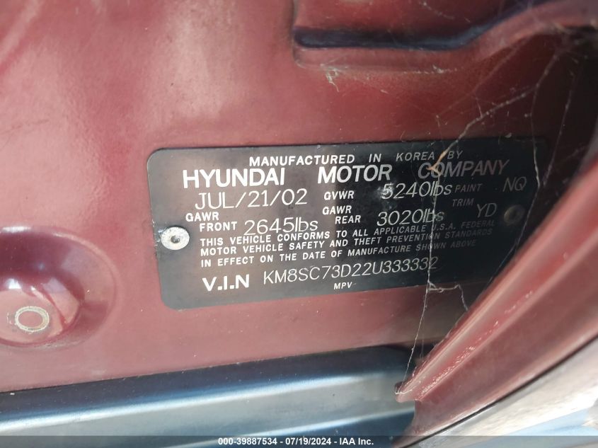 2002 Hyundai Santa Fe Gls/Lx VIN: KM8SC73D22U333332 Lot: 39887534