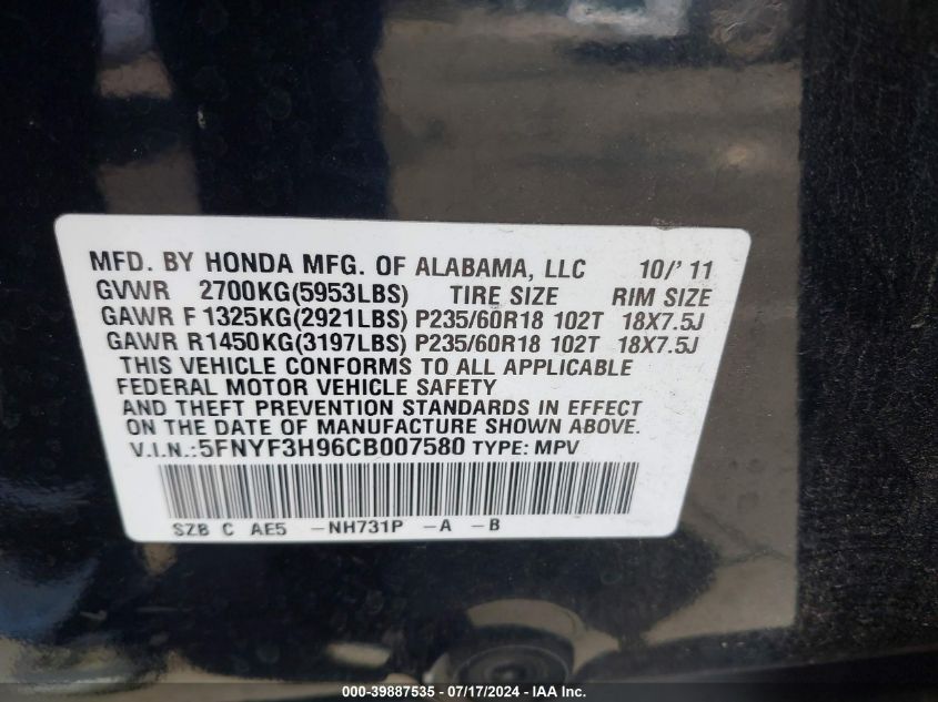 2012 Honda Pilot Touring VIN: 5FNYF3H96CB007580 Lot: 39887535