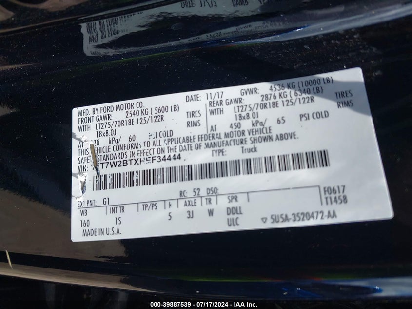 2017 Ford F-250 Super Duty VIN: 1FT7W2BTXHEF34444 Lot: 39887539