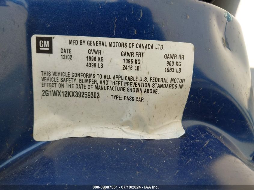 2003 Chevrolet Monte Carlo Ss VIN: 2G1WX12KX39259303 Lot: 39887551