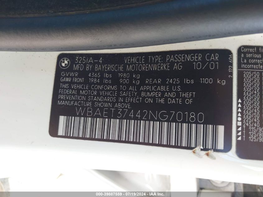 2002 BMW 325 I VIN: WBAET37442NG70180 Lot: 39887559