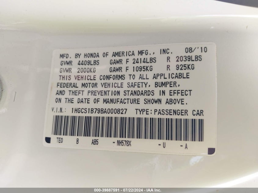 2011 Honda Accord 2.4 Ex VIN: 1HGCS1B79BA000827 Lot: 39887591