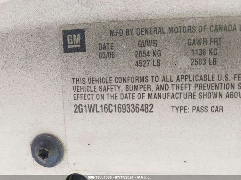 2006 Chevrolet Monte Carlo Ss VIN: 2G1WL16C169336482 Lot: 39887596